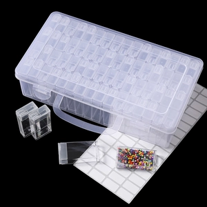 Detailed view of clear PP storage box with 60 mini containers and label stickers