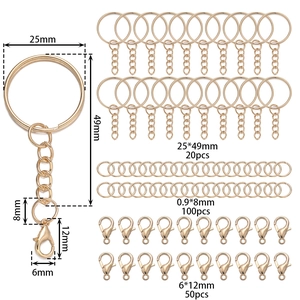Detail view of 25mm gold metal keyrings and lobster clasps set with exact dimensions