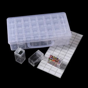 Clear 28-grid plastic storage box with lid and labels for jewelry and craft supplies