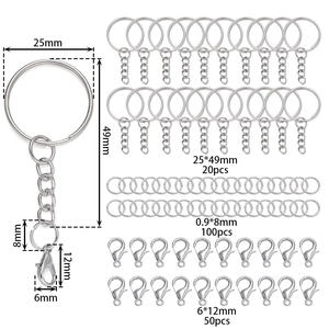 Macro detail of 25mm key rings with lobster clasps and jump rings for DIY jewelry