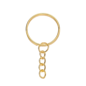 Close-up of a polished golden 25mm metal key ring with a 4-link chain for DIY crafts