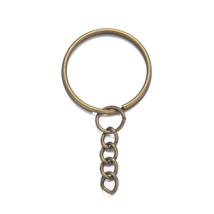 Macro view of antique bronze 25mm metal key ring with flat loop and four-link chain