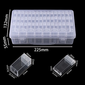 Detailed macro view showing transparent PP storage box dimensions and inner compartment sizes