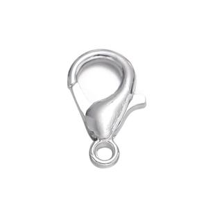 Close-up of polished silver metal lobster clasp with round ring for DIY keychain jewelry