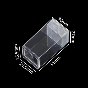 Detailed macro view showing the 51x30x27mm dimensions of this clear plastic storage box