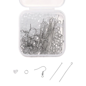 Kit de joyería DIY con anillos, ganchos y alfileres de plata en caja organizadora