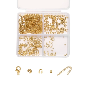 Kit de bisutería DIY dorada con cierres de langosta y anillas en caja de 4 compartimentos