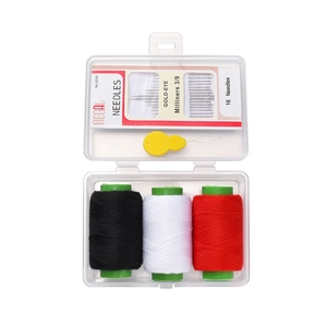 Close-up of portable sewing kit with needles, three color threads and needle threader
