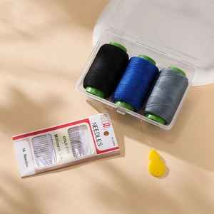 Detail of portable sewing kit with 3 thread spools, needles, and needle threader in case