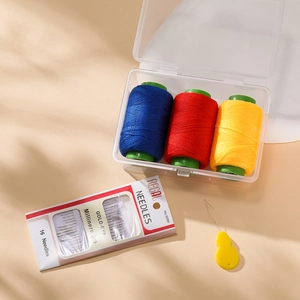 Portable sewing kit with colorful threads, needles, and a threader in a clear case