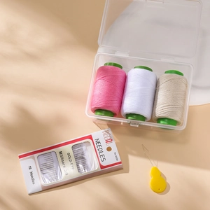 Detail of sewing kit with 3 colorful threads, 16 gold-eye needles and a needle threader