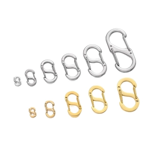 Golden and silver stainless steel S-shape carabiner connectors in five varied sizes