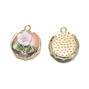 Detalle frontal y posterior del colgante esmaltado de rosa y tulipán con marco dorado