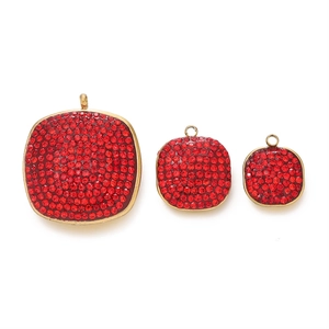 Three sizes of square red rhinestone charms with gold-plated metal base for DIY jewelry