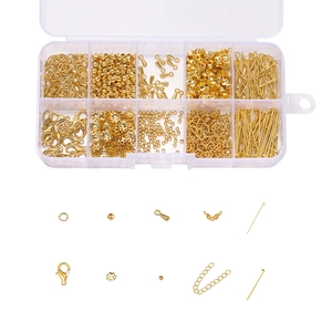 Kit DIY de joyería dorada con 10 rejillas, cierres de langosta y anillas abiertas en caja