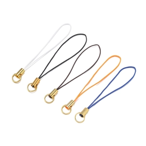 Five colored braided cords with gold metal caps for DIY phone straps and keychain charms