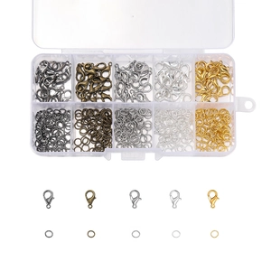 DIY jewelry making kit with 10 grids of lobster clasps and jump rings in five metal colors