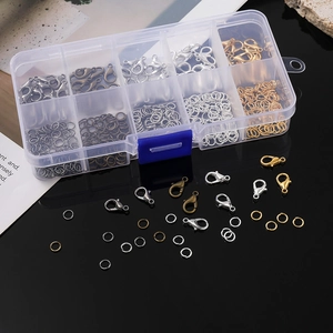 10-compartment jewelry making kit with lobster clasps and jump rings in various metal finishes