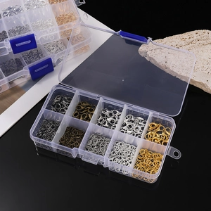 10-grid jewelry making kit with lobster clasps and open jump rings in 5 metallic colors