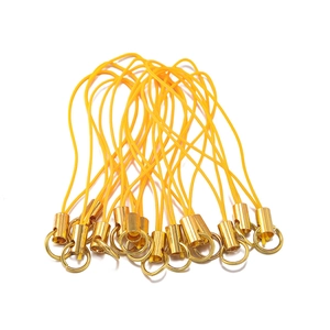 Golden alloy phone strap accessory with yellow braided cord and metal jump ring for DIY crafts