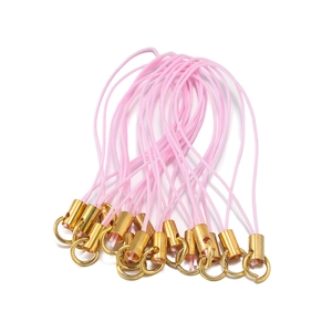 Pink braided phone lanyard cords with golden metal rings for DIY jewelry making