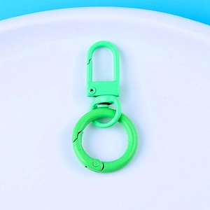 Detailed view of mint green lobster clasp and round spring ring on a white display tray