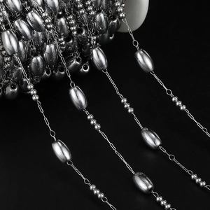 Macro shot of silver stainless steel beaded oval chain on reel for DIY jewelry making