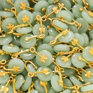 Pile of light green jade Pingan buckle pendants with gold flower metal clasps for DIY jewelry