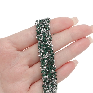 Self-adhesive resin rhinestone trim with deep green and silver crystals for DIY crafts