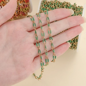 Golden stainless steel oval link chain with green enamel finish for DIY jewelry making