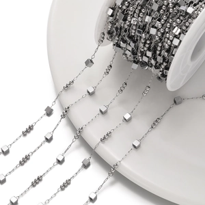 Polished silver stainless steel chain with square and round beads for DIY jewelry making