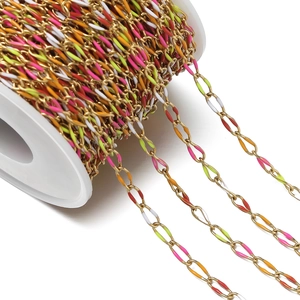 Macro shot of colorful enamel gold-plated stainless steel oval links for DIY jewelry making