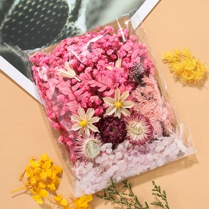 Detailed view of DIY dried flowers including pink hydrangeas and daisies in a clear pouch