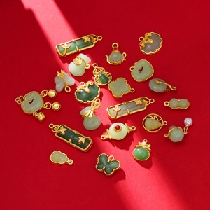 Vintage Chinese Style Glass Alloy Pendants Gold Plated Inlaid Bamboo Gourd Ruyi Lock Charms For DIY Jewelry Making Accessories