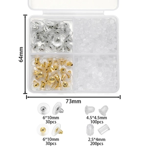 Vista de detalle del kit de cierres de pendientes en caja con topes de silicona