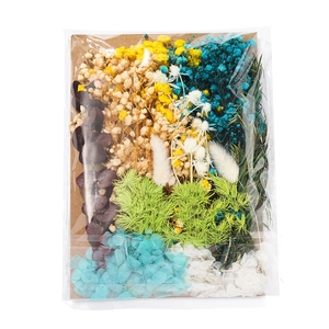 Detail view of colorful dried flower DIY kit with hydrangea and eucalyptus leaves