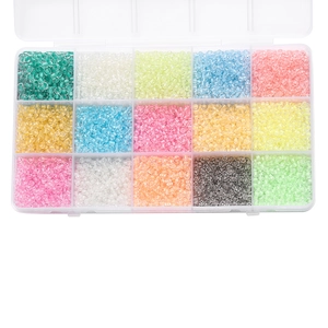 Top view of 15-grid organizer box filled with colorful 3mm glass luminous seed beads for DIY