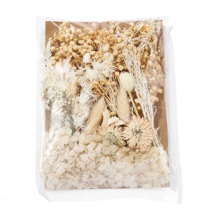 Macro shot of assorted cream-colored dried flowers in transparent bag with kraft backing