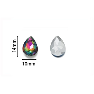 Detailed 14x10mm teardrop crystal rhinestones showing front AB coating and back view