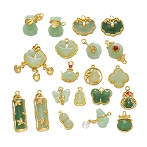 Traditional Chinese style faux jade pendant set with golden frames and auspicious motifs
