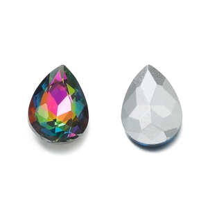Macro detail of teardrop glass crystals with AB iridescent finish and silver flat back base