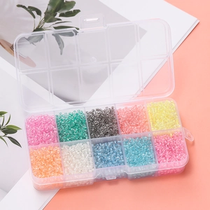 Detailed top view of 10-compartment storage box with colorful 3mm glass seed beads