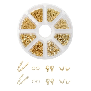 Vista detallada del kit de joyería DIY con cierres de langosta y anillos en caja de 8 rejillas