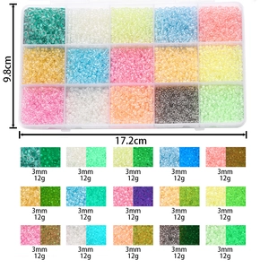 Detailed 15-grid box layout of 3mm luminous glass seed beads for DIY jewelry making