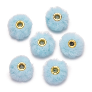 Detailed view of fluffy light blue faux fur beads with golden metal eyelets for DIY jewelry