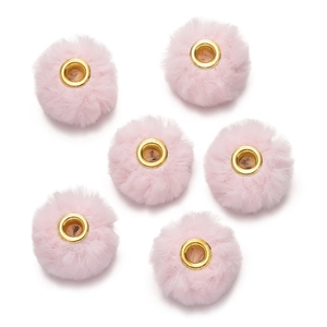 Set of six pink faux rabbit fur beads with large gold metal holes for DIY jewelry making