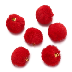 Set of six red faux mink fur pompoms with gold metal rings for DIY jewelry making