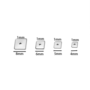 Detailed size comparison of square stainless steel spacer beads with 1mm center hole