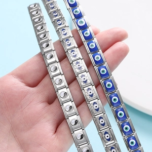 Trois bracelets charms italiens avec yin-yang et œil maléfique bleu en acier inoxydable