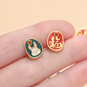 Enamel alloy pendants with gold-plated rabbit and Fu character charms for DIY jewelry